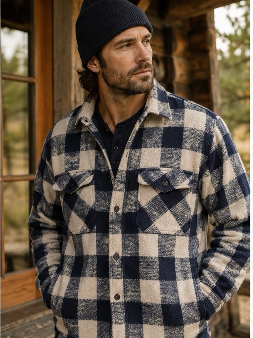Ash Creek Trading Plaid Field Jacket Navy Cream Size XL Outdoor Buffalo Shacket